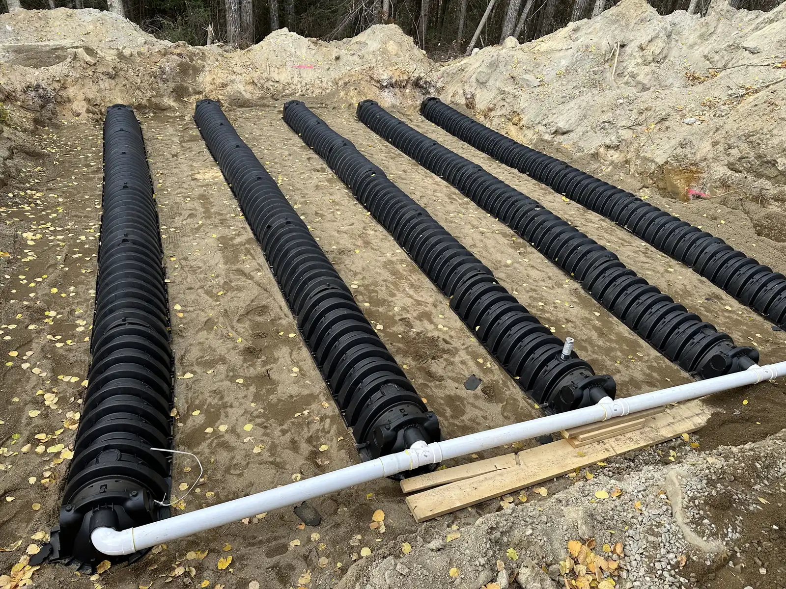 Septic leaching chambers laid in a sand bed with a white distribution pipe